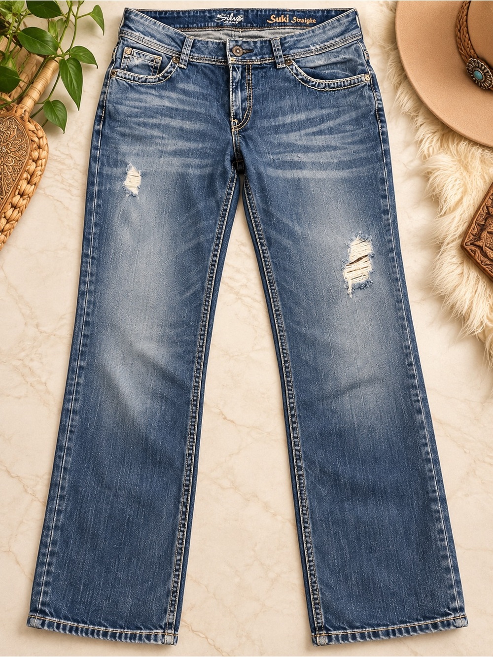 Silver Jeans Suki Straight-Leg Jeans in Medium Blue with Distressing